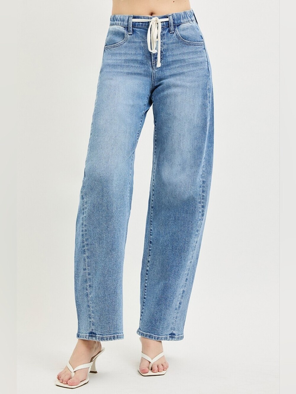 RISEN Medium Wash Slouchy Barrel Jeans Elastic Tie Cinch Waist Various NEW